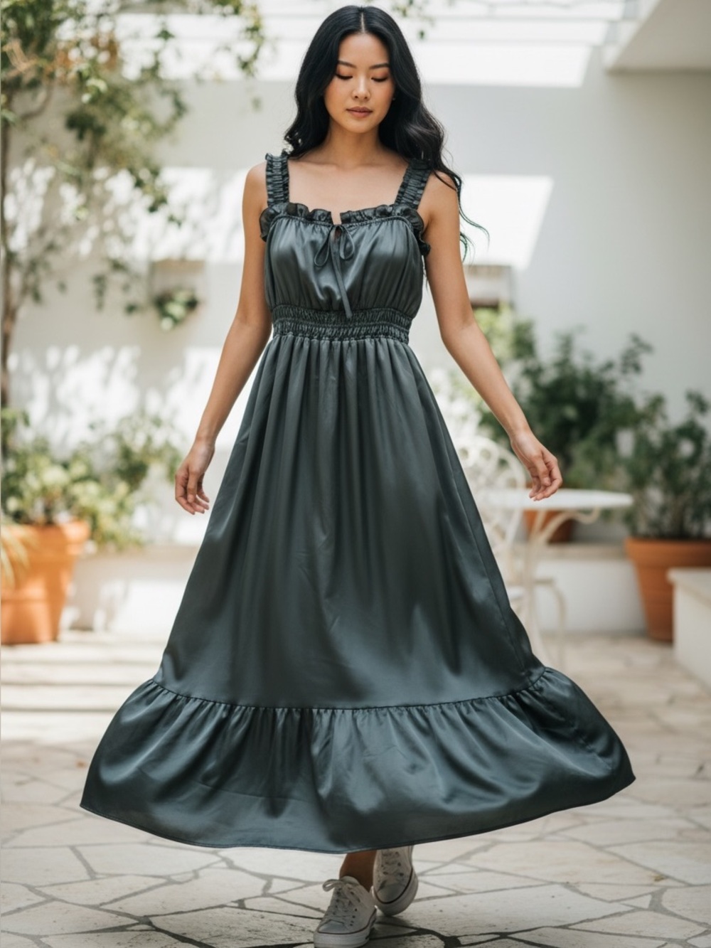 August Sky Large Satin Smocked Maxi Dress Sage Green Ruffle Strap Tiered Boho